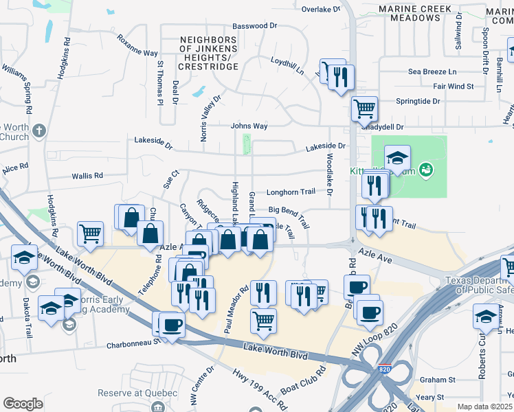 map of restaurants, bars, coffee shops, grocery stores, and more near 4216 Grand Lake Drive in Fort Worth