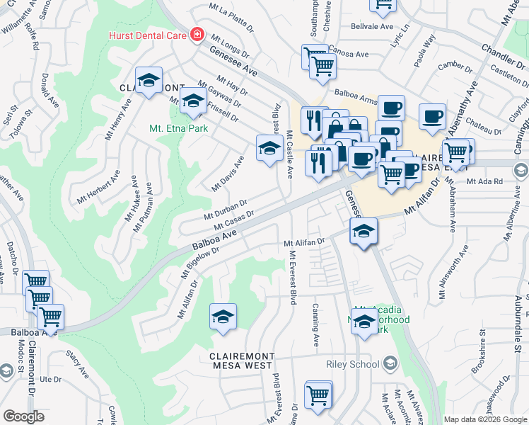 map of restaurants, bars, coffee shops, grocery stores, and more near 5011 Mount Casas Drive in San Diego