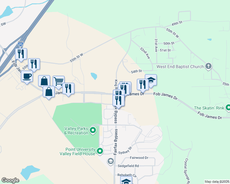 map of restaurants, bars, coffee shops, grocery stores, and more near 7172 King Road in Valley