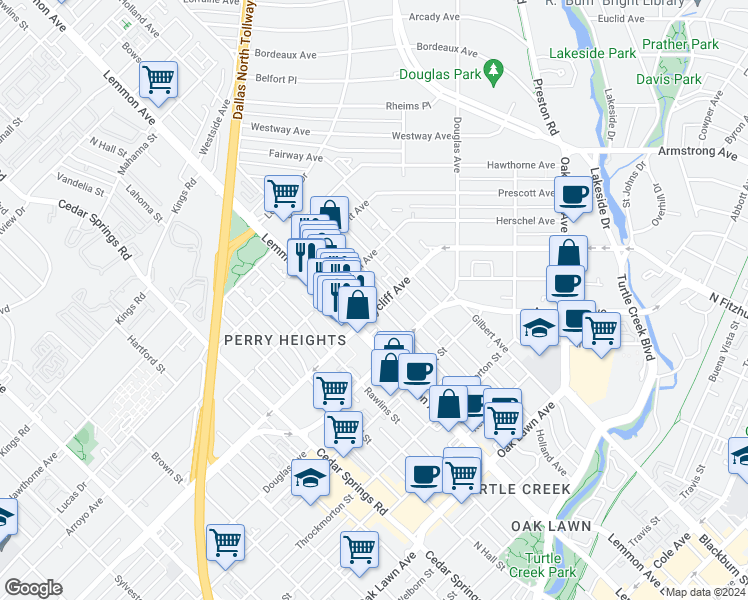 map of restaurants, bars, coffee shops, grocery stores, and more near 5 Holland Avenue in Dallas