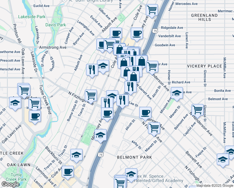map of restaurants, bars, coffee shops, grocery stores, and more near 4306 McKinney Avenue in Dallas