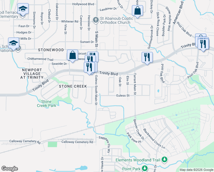 map of restaurants, bars, coffee shops, grocery stores, and more near 3800 Euless South Main Street in Euless