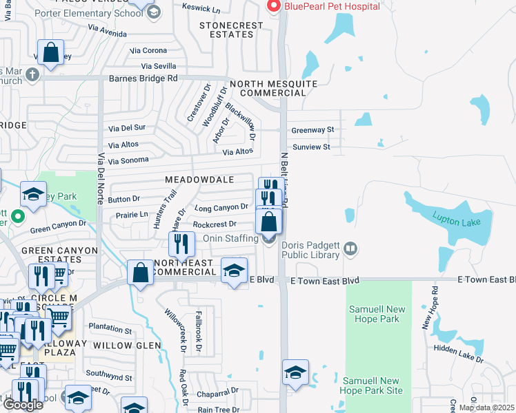 map of restaurants, bars, coffee shops, grocery stores, and more near 3904 Corkwood Drive in Mesquite