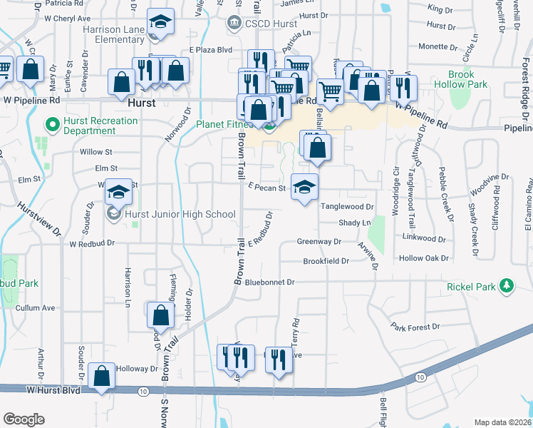 map of restaurants, bars, coffee shops, grocery stores, and more near 329 Tanglewood Drive in Hurst