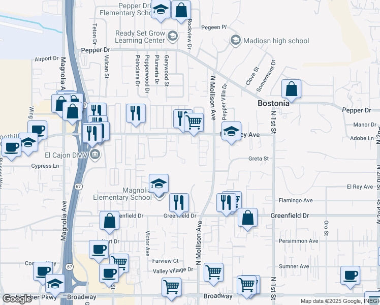 map of restaurants, bars, coffee shops, grocery stores, and more near 675 East Bradley Avenue in El Cajon