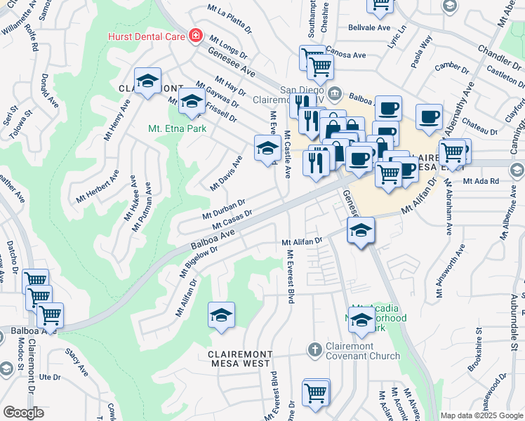 map of restaurants, bars, coffee shops, grocery stores, and more near 5011 Mount Casas Drive in San Diego