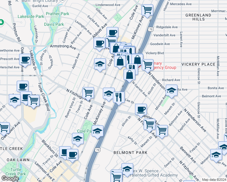 map of restaurants, bars, coffee shops, grocery stores, and more near 4302 McKinney Avenue in Dallas