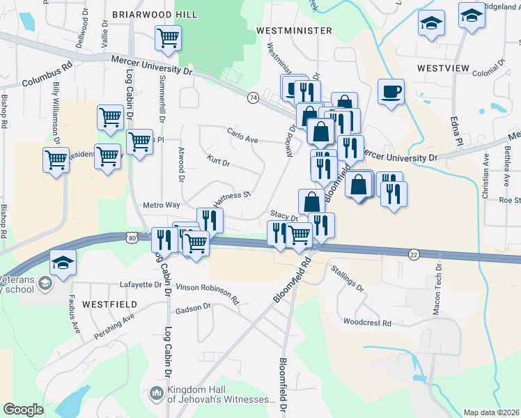 map of restaurants, bars, coffee shops, grocery stores, and more near 3777 Atwood Drive in Macon