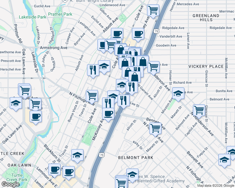 map of restaurants, bars, coffee shops, grocery stores, and more near 4312 McKinney Avenue in Dallas