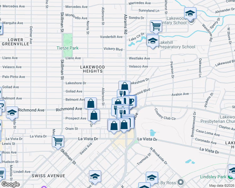 map of restaurants, bars, coffee shops, grocery stores, and more near 6346 Goliad Avenue in Dallas