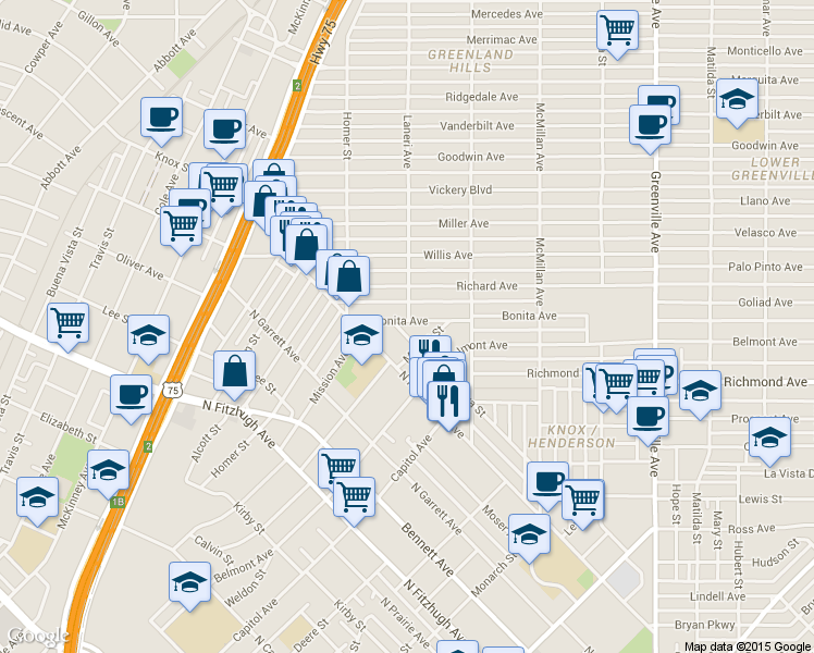map of restaurants, bars, coffee shops, grocery stores, and more near 2415 Laneri Avenue in Dallas