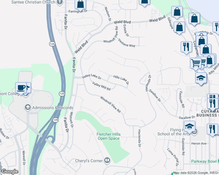 map of restaurants, bars, coffee shops, grocery stores, and more near 2172 Valley Lake Drive in El Cajon
