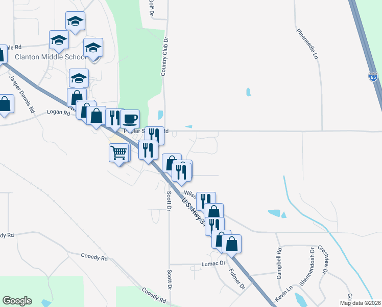 map of restaurants, bars, coffee shops, grocery stores, and more near 98 Spring Lake Boulevard in Clanton
