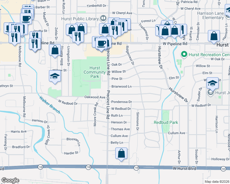 map of restaurants, bars, coffee shops, grocery stores, and more near 769 Briarwood Lane in Hurst