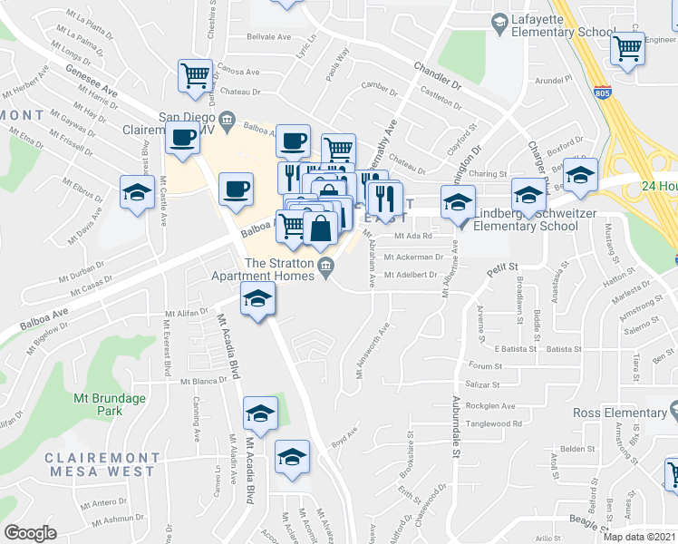 map of restaurants, bars, coffee shops, grocery stores, and more near 5875 Mount Alifan Drive in San Diego