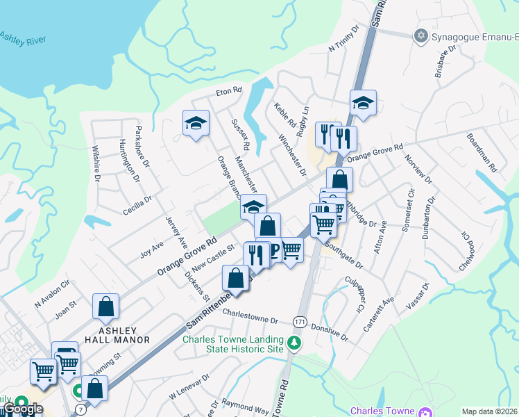 map of restaurants, bars, coffee shops, grocery stores, and more near 1212 Orange Branch Road in Charleston