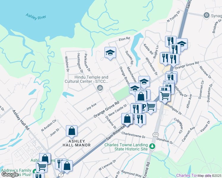 map of restaurants, bars, coffee shops, grocery stores, and more near 306 Royal Palm Boulevard in Charleston