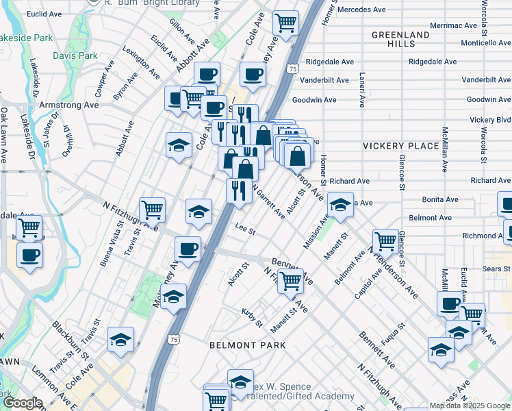 map of restaurants, bars, coffee shops, grocery stores, and more near 5102 Pershing Street in Dallas