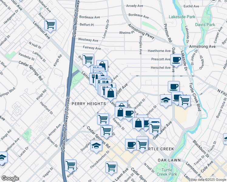 map of restaurants, bars, coffee shops, grocery stores, and more near 4424 Bowser Avenue in Dallas