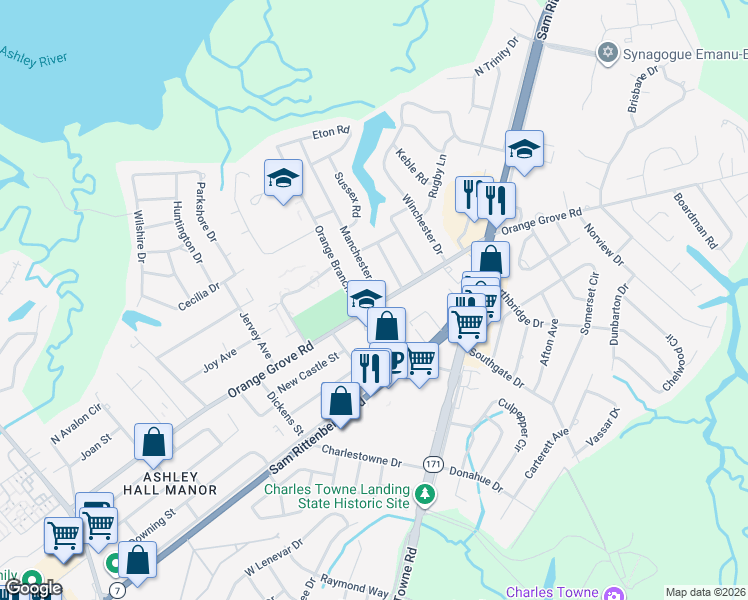 map of restaurants, bars, coffee shops, grocery stores, and more near 1212 Orange Branch Road in Charleston