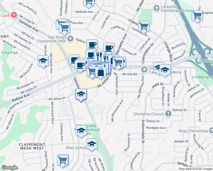 map of restaurants, bars, coffee shops, grocery stores, and more near 5875 Mount Alifan Drive in San Diego