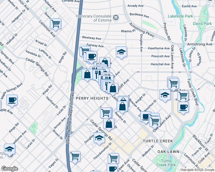 map of restaurants, bars, coffee shops, grocery stores, and more near 4424 Bowser Avenue in Dallas