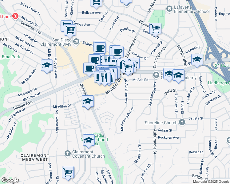 map of restaurants, bars, coffee shops, grocery stores, and more near 5875 Mount Alifan Drive in San Diego