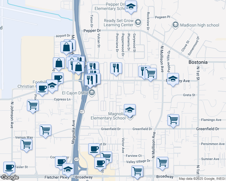 map of restaurants, bars, coffee shops, grocery stores, and more near 325 East Bradley Avenue in El Cajon