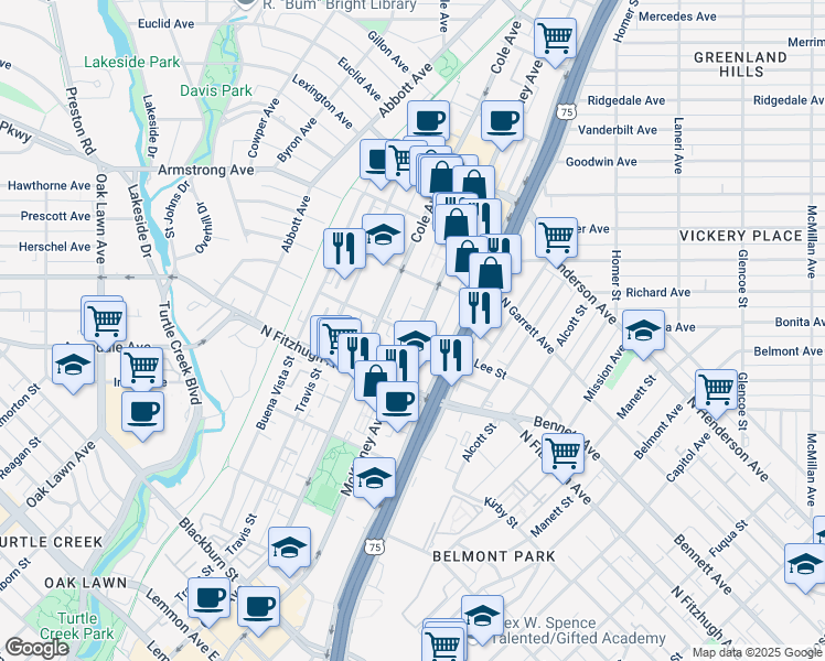 map of restaurants, bars, coffee shops, grocery stores, and more near 4307 McKinney Avenue in Dallas