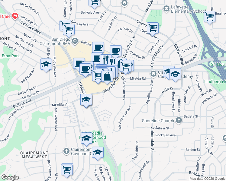 map of restaurants, bars, coffee shops, grocery stores, and more near 5867 Mount Alifan Drive in San Diego