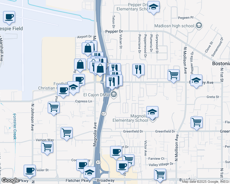 map of restaurants, bars, coffee shops, grocery stores, and more near 1468 Graves Avenue in El Cajon