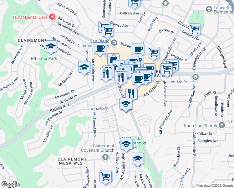 map of restaurants, bars, coffee shops, grocery stores, and more near 5377 Balboa Avenue in San Diego
