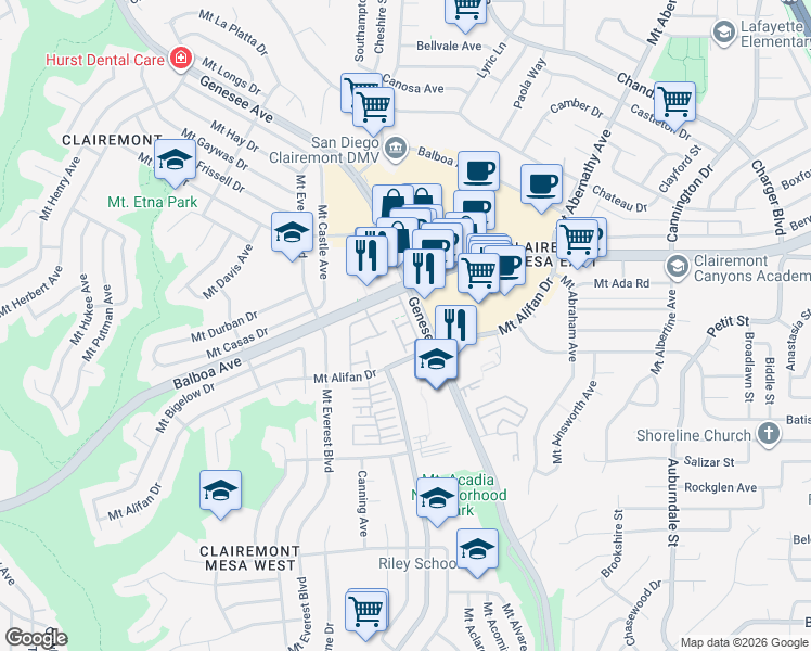 map of restaurants, bars, coffee shops, grocery stores, and more near 5398 Mount Alifan Drive in San Diego