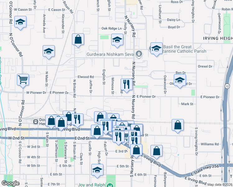 map of restaurants, bars, coffee shops, grocery stores, and more near 523 Willow Road in Irving