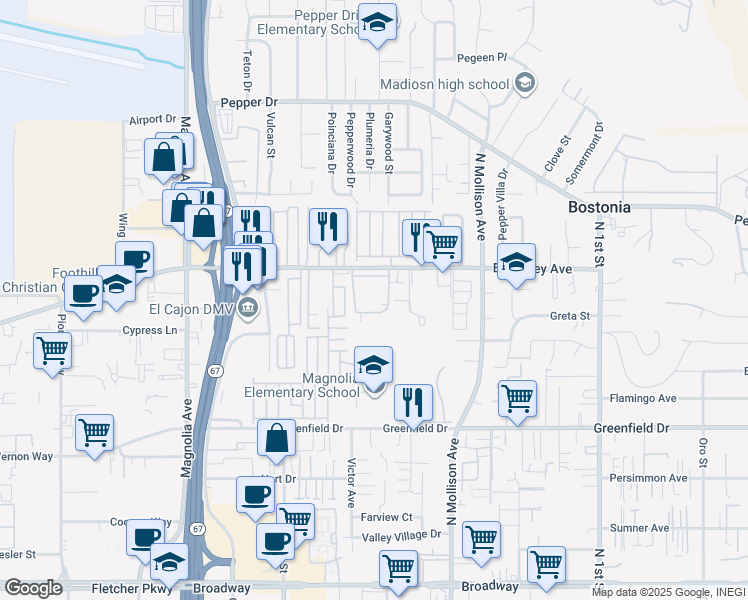 map of restaurants, bars, coffee shops, grocery stores, and more near in Bostonia