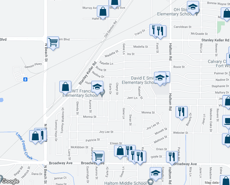 map of restaurants, bars, coffee shops, grocery stores, and more near 3713 Cheryl Street in Haltom City