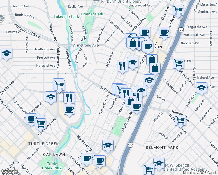map of restaurants, bars, coffee shops, grocery stores, and more near 4205 Buena Vista Street in Dallas