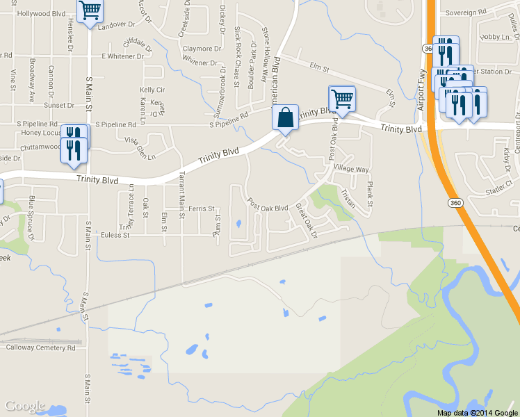 map of restaurants, bars, coffee shops, grocery stores, and more near 3709 Vaucluse Drive in Euless