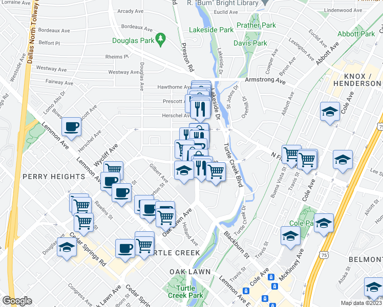 map of restaurants, bars, coffee shops, grocery stores, and more near 4023 Oak Lawn Avenue in Dallas