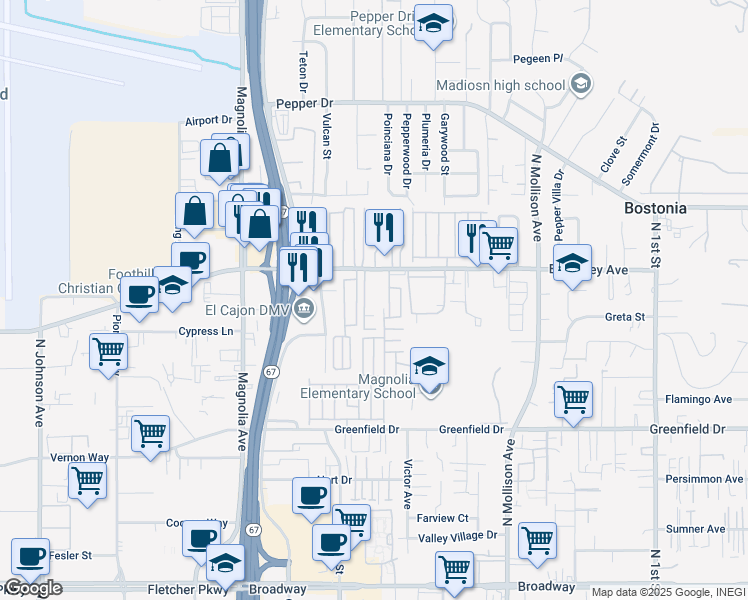 map of restaurants, bars, coffee shops, grocery stores, and more near 325 East Bradley Avenue in El Cajon