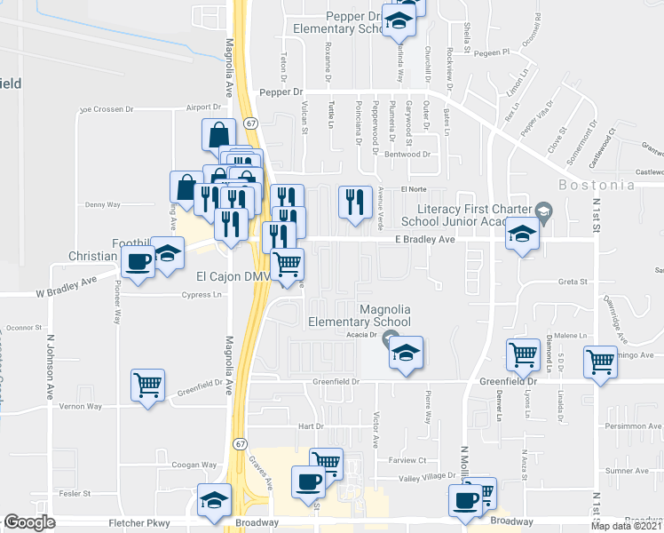 map of restaurants, bars, coffee shops, grocery stores, and more near 241 East Bradley Avenue in El Cajon
