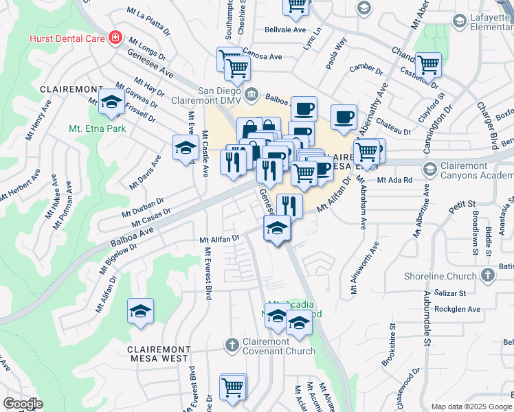 map of restaurants, bars, coffee shops, grocery stores, and more near 4175 Genesee Avenue in San Diego