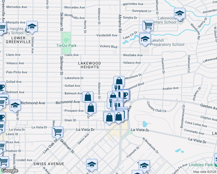 map of restaurants, bars, coffee shops, grocery stores, and more near 6333 Goliad Avenue in Dallas