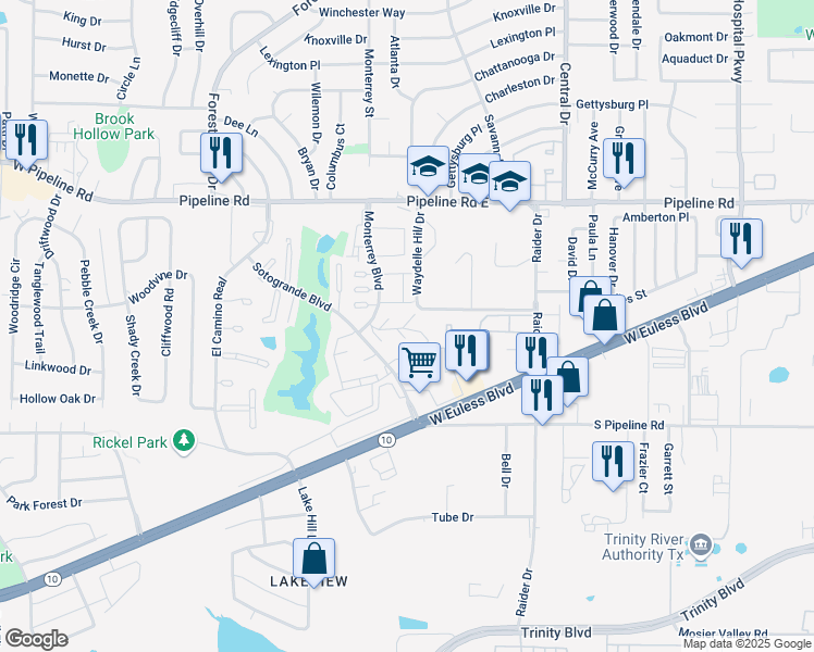 map of restaurants, bars, coffee shops, grocery stores, and more near 1339 Monterrey Boulevard in Euless