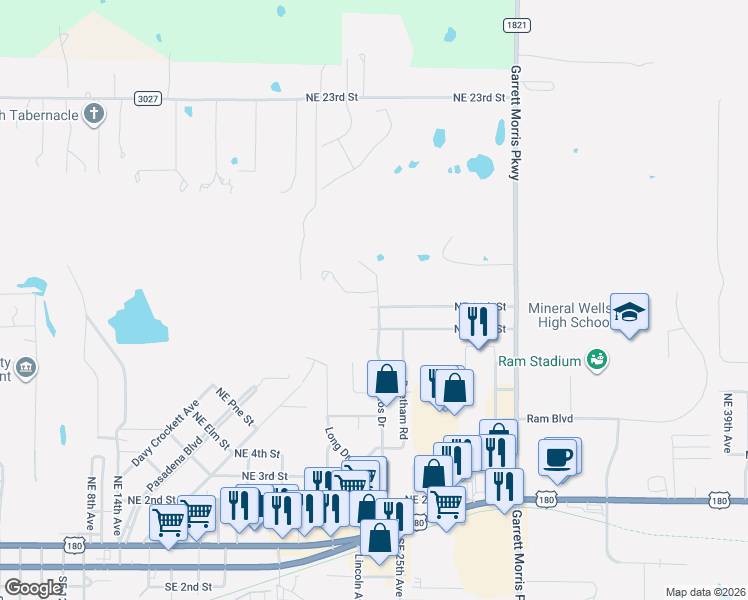 map of restaurants, bars, coffee shops, grocery stores, and more near 1111 Brazos Drive in Mineral Wells