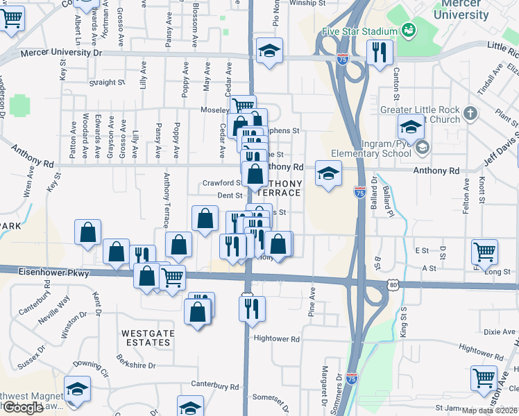 map of restaurants, bars, coffee shops, grocery stores, and more near 2324 Pio Nono Avenue in Macon