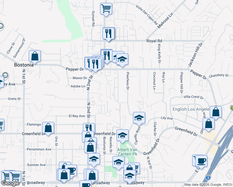 map of restaurants, bars, coffee shops, grocery stores, and more near 1351 Pepper Drive in El Cajon