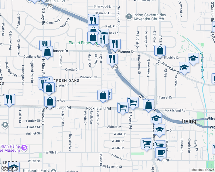 map of restaurants, bars, coffee shops, grocery stores, and more near 400 Irby Lane in Irving