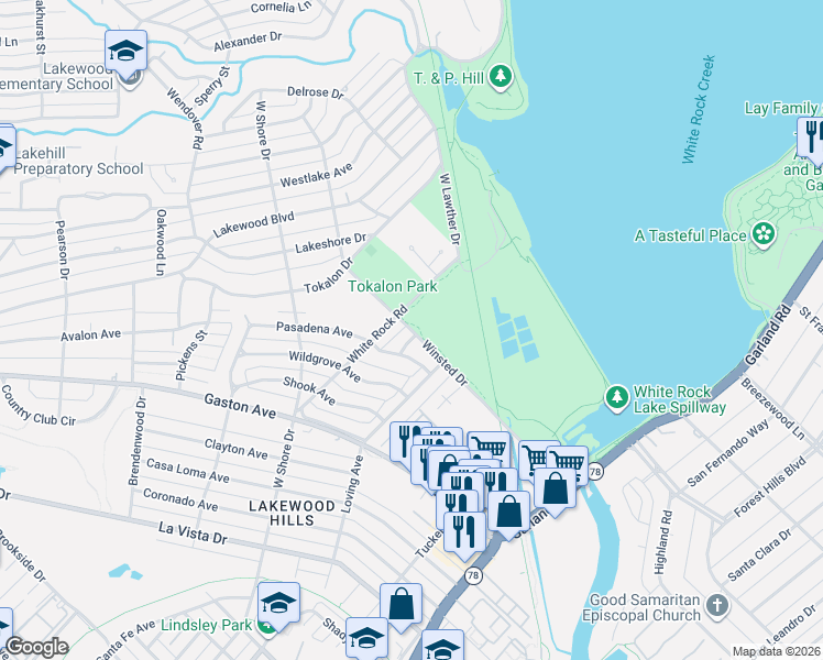 map of restaurants, bars, coffee shops, grocery stores, and more near Winstead Drive in Dallas