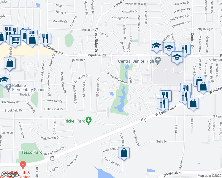map of restaurants, bars, coffee shops, grocery stores, and more near 1122 Sotogrande Boulevard in Euless